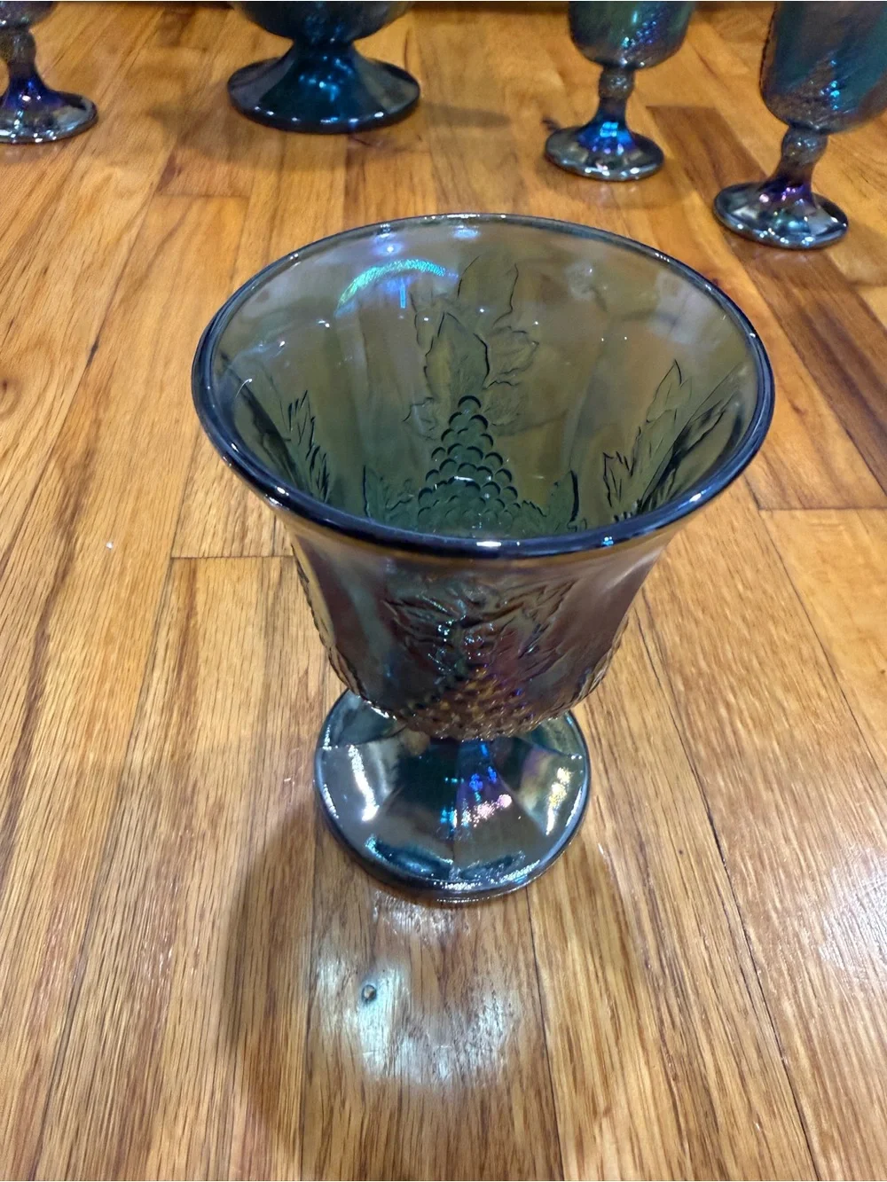 Iridescent Blue Glass Pitcher and 4 Goblets Set
